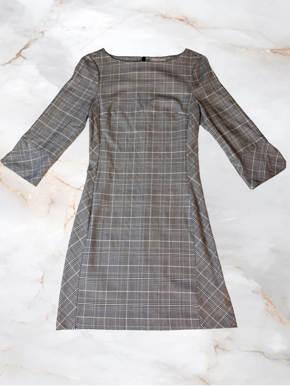 H&M Gray Plaid Three Quarter Sleeve Shift Sheath Sexy Dress Quietly Luxury - Picture 3 of 7